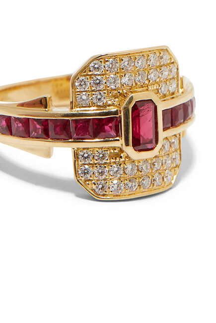 Shield Ring, 18K Yellow Gold with Diamond & Ruby